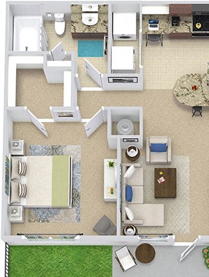 San Sebastian with Fenced-in Yard 3D San Sebastian with Fenced-in Yard 3D. 1 bedroom apartment. Kitchen with bartop open to living room. 1 full bathroom. Walk-in closet. Patio/balcony open to yard. External storage.
